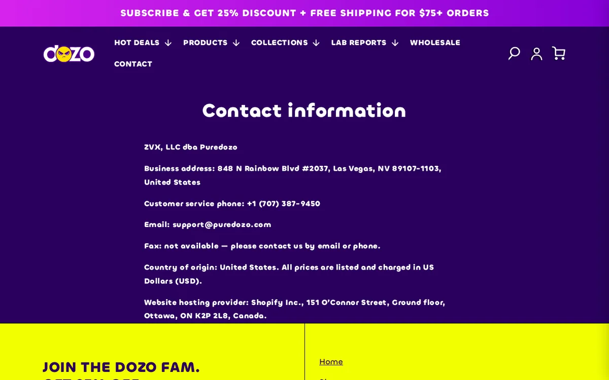 The puredozo contact information page in September 2026: ZVX LLC dba puredozo, business address 848 N Rainbow Blvd #2037, Las Vegas, NV, customer service phone and support email.