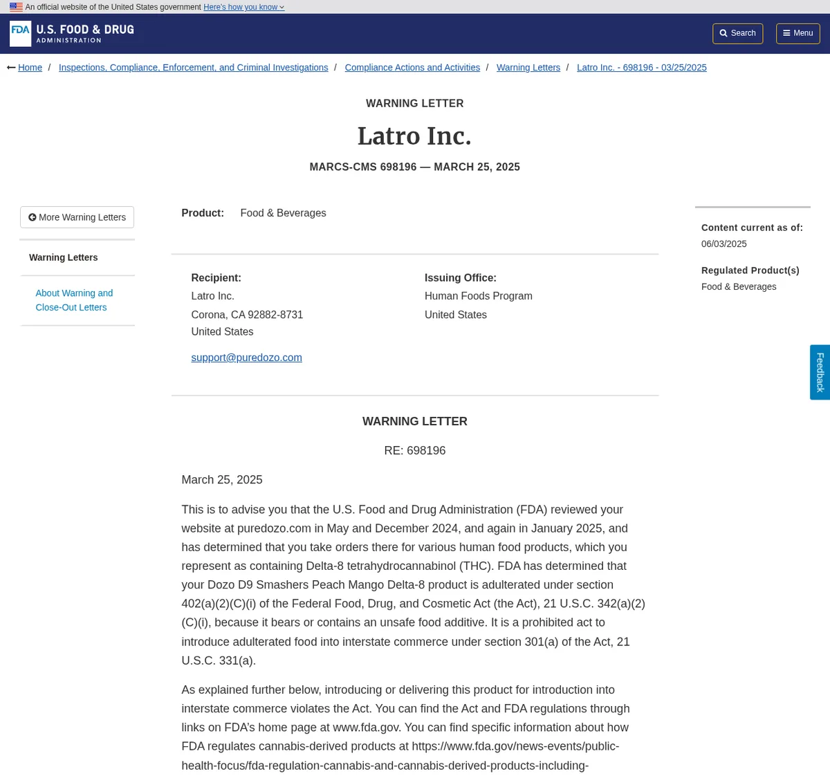 The FDA warning letter page: Warning Letter, Latro Inc., MARCS-CMS 698196, March 25, 2025; recipient Latro Inc., Corona, CA, support at puredozo.com; the letter's first paragraph on the Dozo D9 Smashers Peach Mango Delta-8 product.