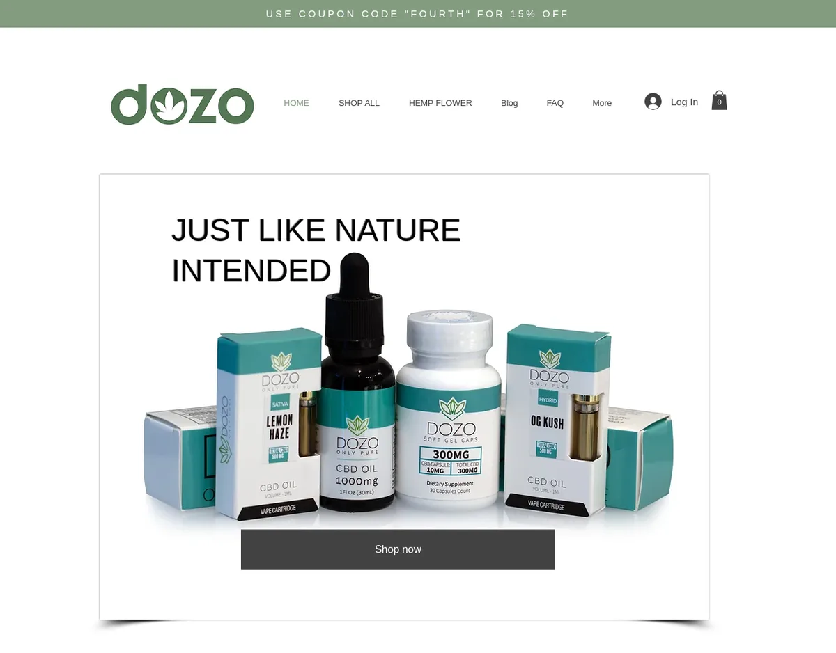 The Dozo home page in January 2021: a green dozo logo with a leaf in the o, a banner reading Just Like Nature Intended over teal and white boxes of CBD oil, CBD soft gel capsules and CBD vape cartridges.