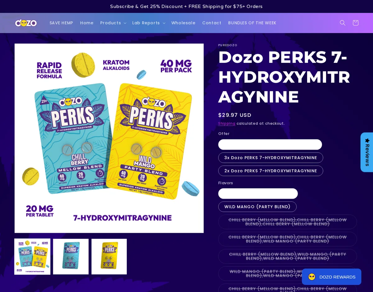The Dozo PERKS 7-Hydroxymitragynine product page in September 2024: two blister cards, a blue Chill Berry Mellow Blend and a yellow Wild Mango Party Blend, each with two scored tablets, under the words Rapid Release Formula, Kratom Alkaloids, 40 mg per pack, 20 mg per tablet; beside them the price and offer buttons for two and three packs.