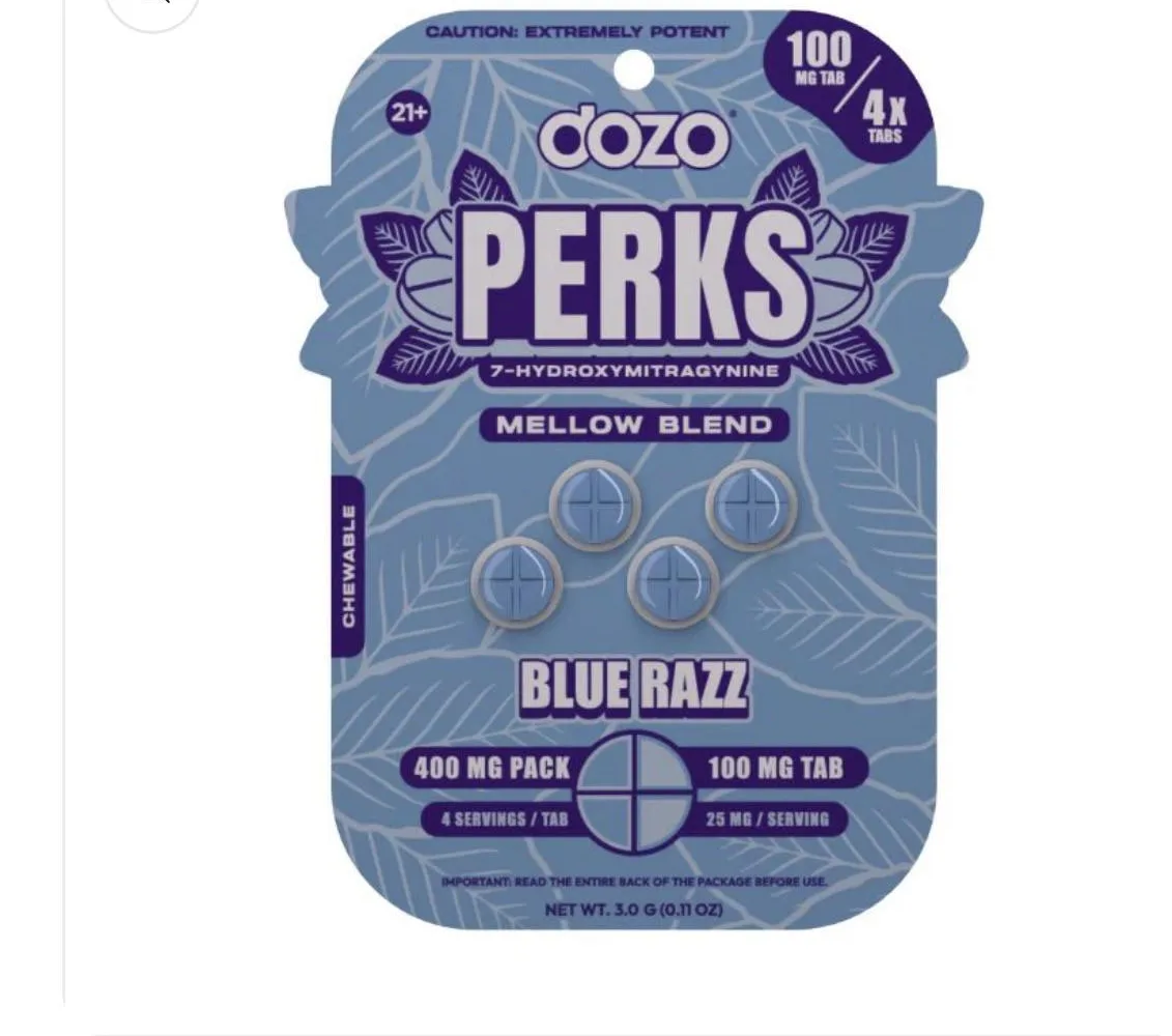 A retailer's image of a blue Perks card: Caution: Extremely Potent, 21+, dozo PERKS 7-Hydroxymitragynine, Mellow Blend, Blue Razz, 400 mg pack, 100 mg tab, 4 servings per tab, 25 mg per serving, four blue scored tablets.