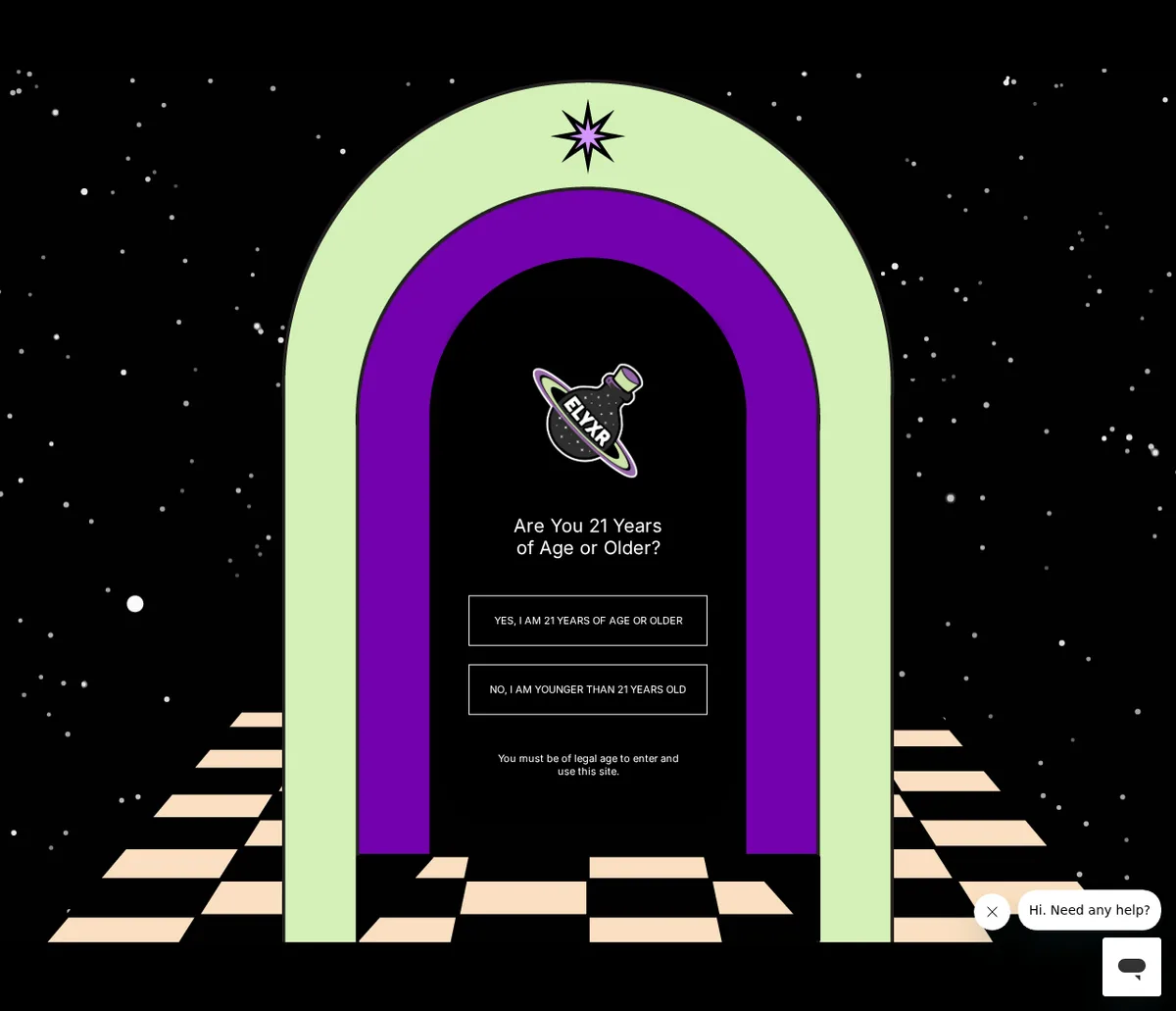 A full-screen age gate on elyxr.com in August 2026: an arch over a chequered floor in space, the Elyxr potion-bottle logo, the question Are You 21 Years of Age or Older?, and two buttons, Yes, I am 21 years of age or older, and No, I am younger than 21 years old.