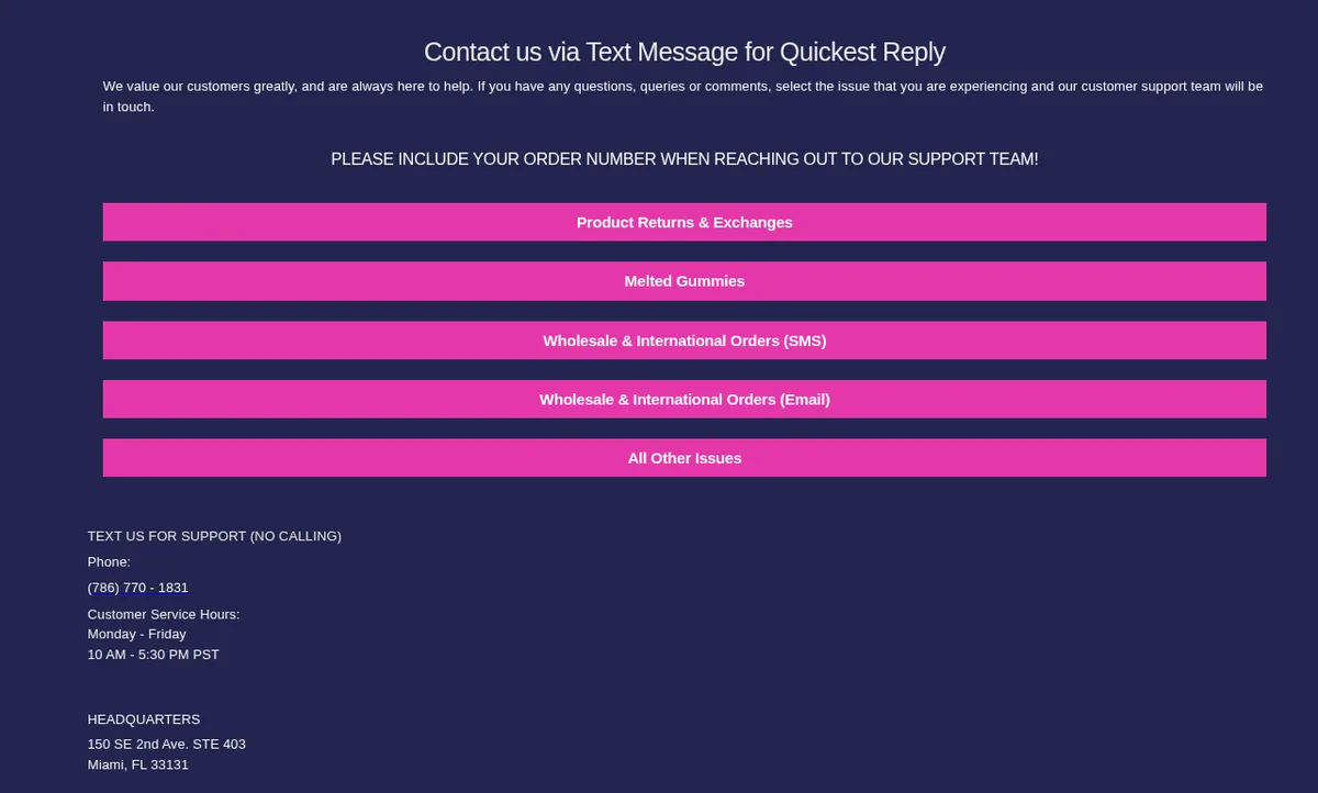 The elyxr.com contact page in June 2024: Contact us via Text Message for Quickest Reply, buttons for Product Returns and Exchanges, Melted Gummies, Wholesale and International Orders, and All Other Issues; then Text us for support (no calling), phone (786) 770-1831, hours Monday to Friday 10 AM to 5:30 PM PST, and Headquarters, 150 SE 2nd Ave. STE 403, Miami, FL 33131.