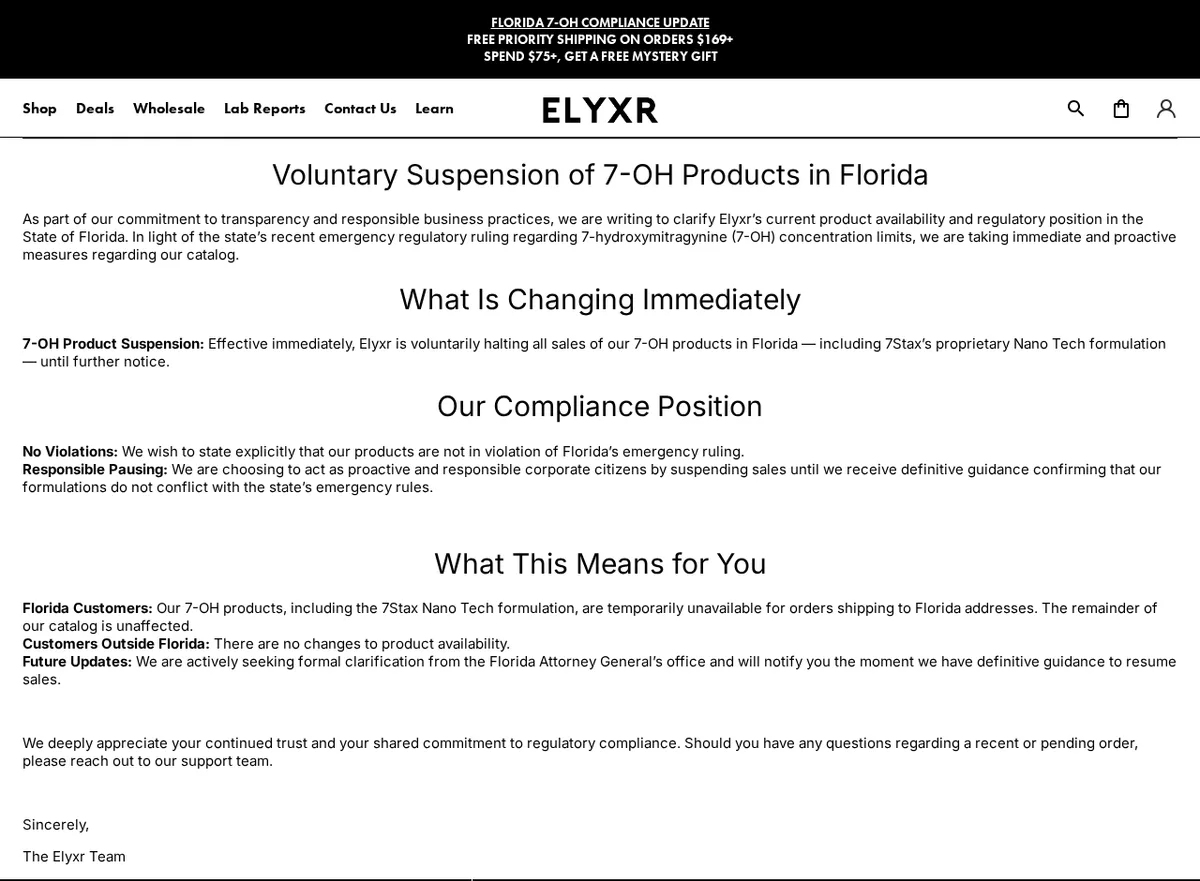 An elyxr.com page headed Voluntary Suspension of 7-OH Products in Florida: Elyxr is voluntarily halting all sales of its 7-OH products in Florida, including 7Stax's proprietary Nano Tech formulation; under Our Compliance Position, No Violations: our products are not in violation of Florida's emergency ruling; Florida customers' 7-OH orders temporarily unavailable; the shop is seeking clarification from the Florida Attorney General's office.