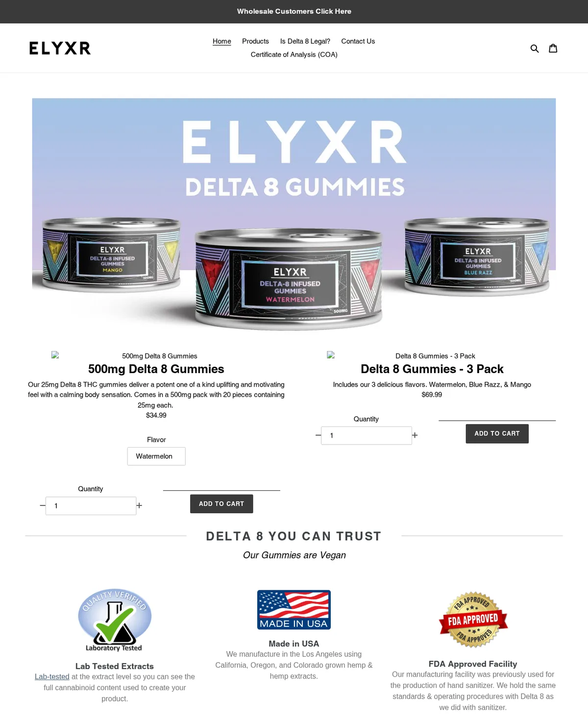 The elyxr.com home page in January 2021: a banner of three Elyxr delta-8 gummy tins, two products, 500mg Delta 8 Gummies at 34.99 dollars and a three-pack at 69.99 dollars, and three badges headed Lab Tested Extracts, Made in USA and FDA Approved Facility, the last captioned as a facility previously used for the production of hand sanitizer.