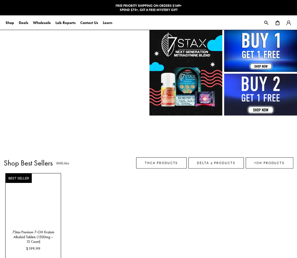 The elyxr.com home page on 2026-09-29: a banner of 7STAX Next Generation Mitragynine Blend with bottles and blister cards of 150 mg per tab, two tiles reading Buy 1 Get 1 Free and Buy 2 Get 1 Free, and a Shop Best Sellers row whose first item is 7Stax Premium 7-OH Kratom Alkaloid Tablets, 1500mg, 15 count, 199.99 dollars.
