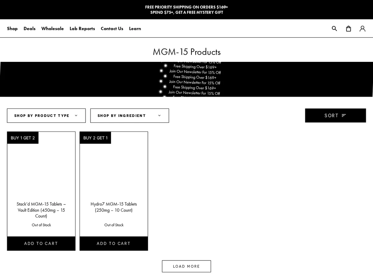 An elyxr.com collection page titled MGM-15 Products, archived 2026-08-14, with two listings, Stack'd MGM-15 Tablets Vault Edition 450mg 15 count, marked Buy 1 Get 2, and Hydro7 MGM-15 Tablets 250mg 10 count, marked Buy 2 Get 1, both out of stock.