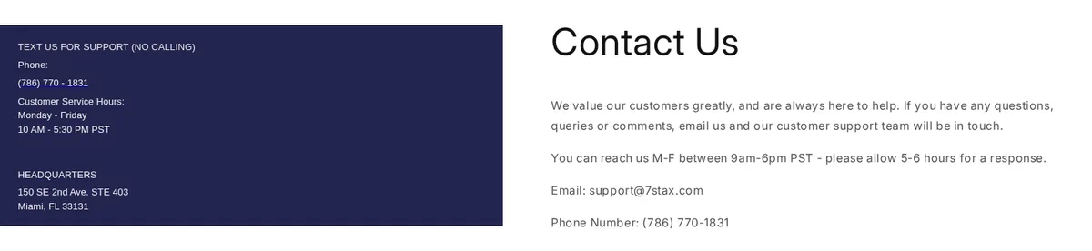 Two contact blocks side by side. Left, from elyxr.com in June 2024: text us for support, phone (786) 770-1831, Monday to Friday 10 AM to 5:30 PM PST, headquarters 150 SE 2nd Ave. STE 403, Miami. Right, from 7stax.com in September 2025: Contact Us, 9am to 6pm PST, email support at 7stax.com, Phone Number (786) 770-1831.