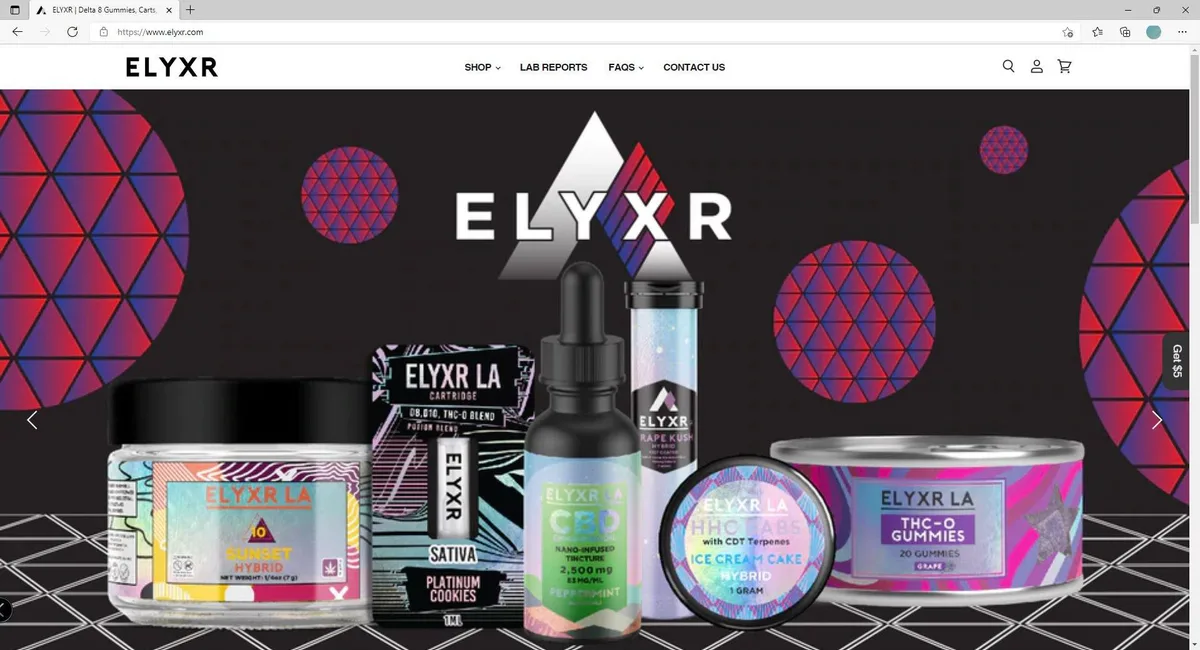 A browser screenshot of elyxr.com dated 2/16/2022: the ELYXR logo and menu of Shop, Lab Reports, FAQs and Contact Us over a banner of Elyxr LA products, a jar labelled delta-10 Sunset Hybrid, a cartridge of a D8, D10 and THC-O blend, a CBD tincture, a pre-roll tube, a tin of HHC dabs and a can of THC-O gummies.