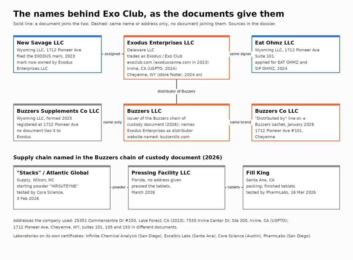 A diagram of the company names in the record: Exodus Enterprises LLC (Delaware, trading as Exodus and Exo Club) at the centre; New Savage LLC (Wyoming) joined to it by the EXODUS trademark assignment; Eat Ohmz LLC (Wyoming) joined by the same signer; Buzzers LLC below it, which names Exodus Enterprises as its distributor; Buzzers Co LLC on a sachet and Buzzers Supplements Co LLC joined by dashed name-only lines; and the supply chain from the Buzzers document: Stacks or Atlantic Global Supply in Wilson, NC, Pressing Facility LLC in Florida and Fill King in Santa Ana.