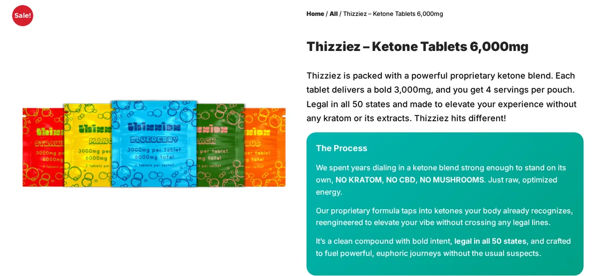 The Thizziez Ketone Tablets 6,000mg product page in February 2026: pouches in strawberry, mango, blueberry, peach and citrus flavours reading 3000mg per tablet, 6000mg total; text saying Thizziez is packed with a powerful proprietary ketone blend, legal in all 50 states, made without kratom or its extracts, and a box headed The Process saying NO KRATOM, NO CBD, NO MUSHROOMS.