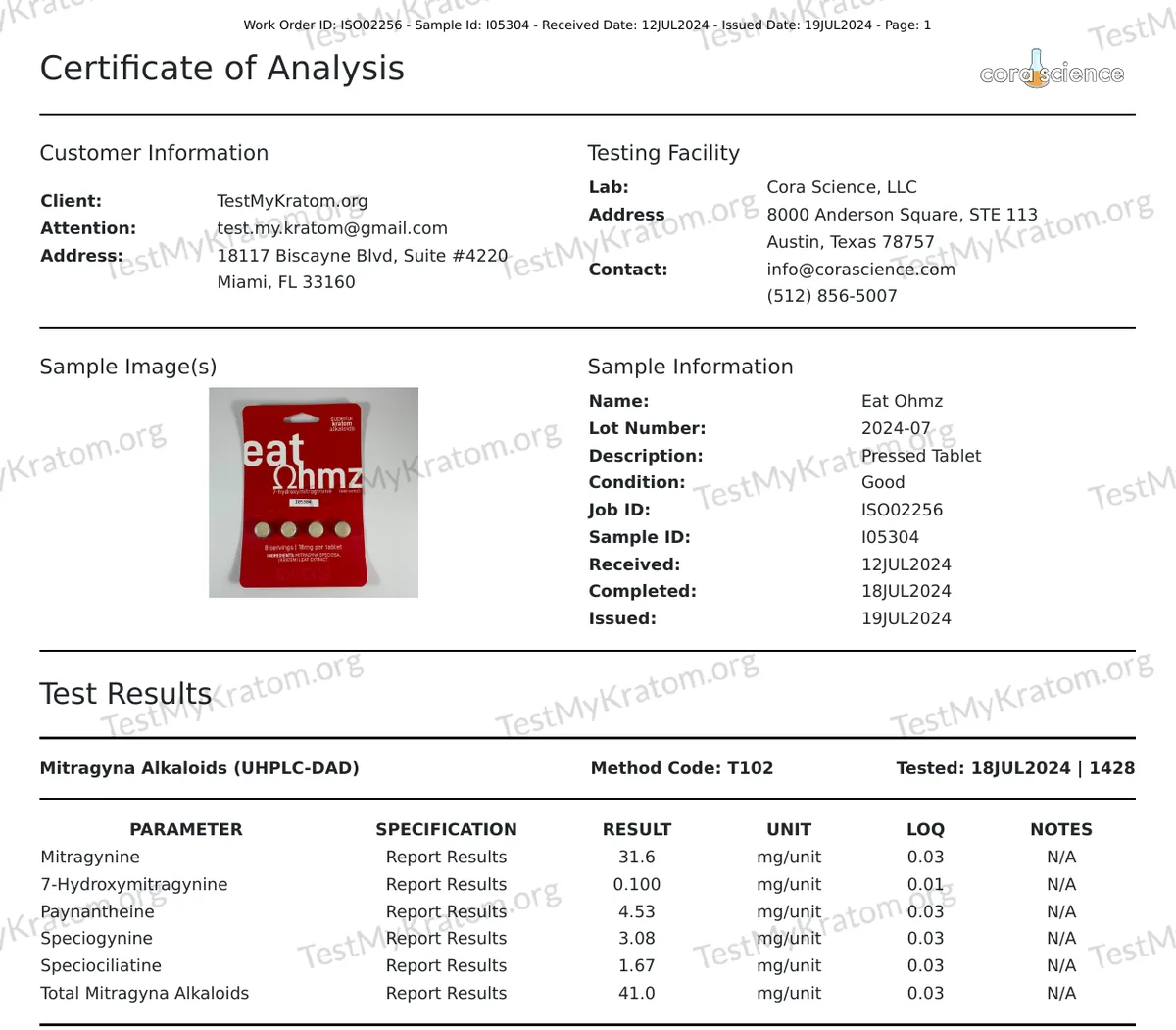 A Cora Science certificate of analysis for TestMyKratom.org, issued July 19, 2024, for Eat Ohmz lot 2024-07, a pressed tablet, with a photograph of the red Eat Ohmz card: mitragynine 31.6 mg per unit, 7-hydroxymitragynine 0.100 mg per unit, total mitragyna alkaloids 41.0 mg per unit.