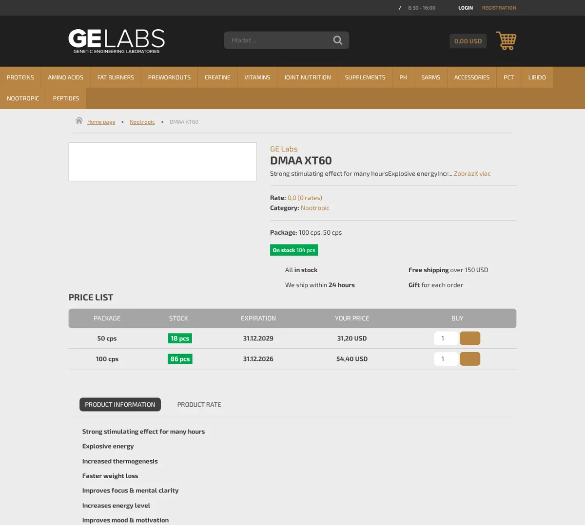 The DMAA XT60 product page on the GE Labs store in November 2025, category Nootropic, in packages of 100 and 50 capsules, both on stock, priced in US dollars, with the claims strong stimulating effect for many hours, explosive energy, increased thermogenesis, faster weight loss, improves focus and mental clarity.