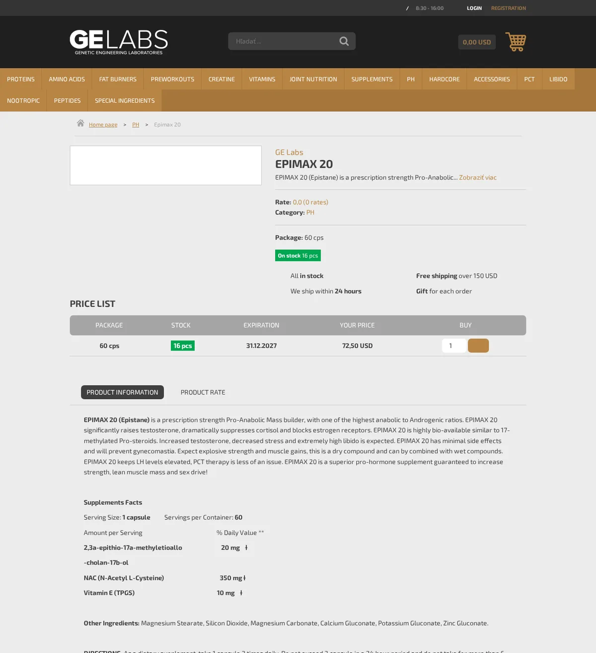 The Epimax 20 product page on the GE Labs store in May 2026, category PH, 60 capsules, on stock, priced in US dollars; the description calls EPIMAX 20 (Epistane) a prescription strength Pro-Anabolic Mass builder with minimal side effects; a Supplements Facts panel lists a compound written 2,3a-epithio-17a-methyletioallo-cholan-17b-ol, with NAC and vitamin E. The menu now has a Special Ingredients tab in place of SARMs.