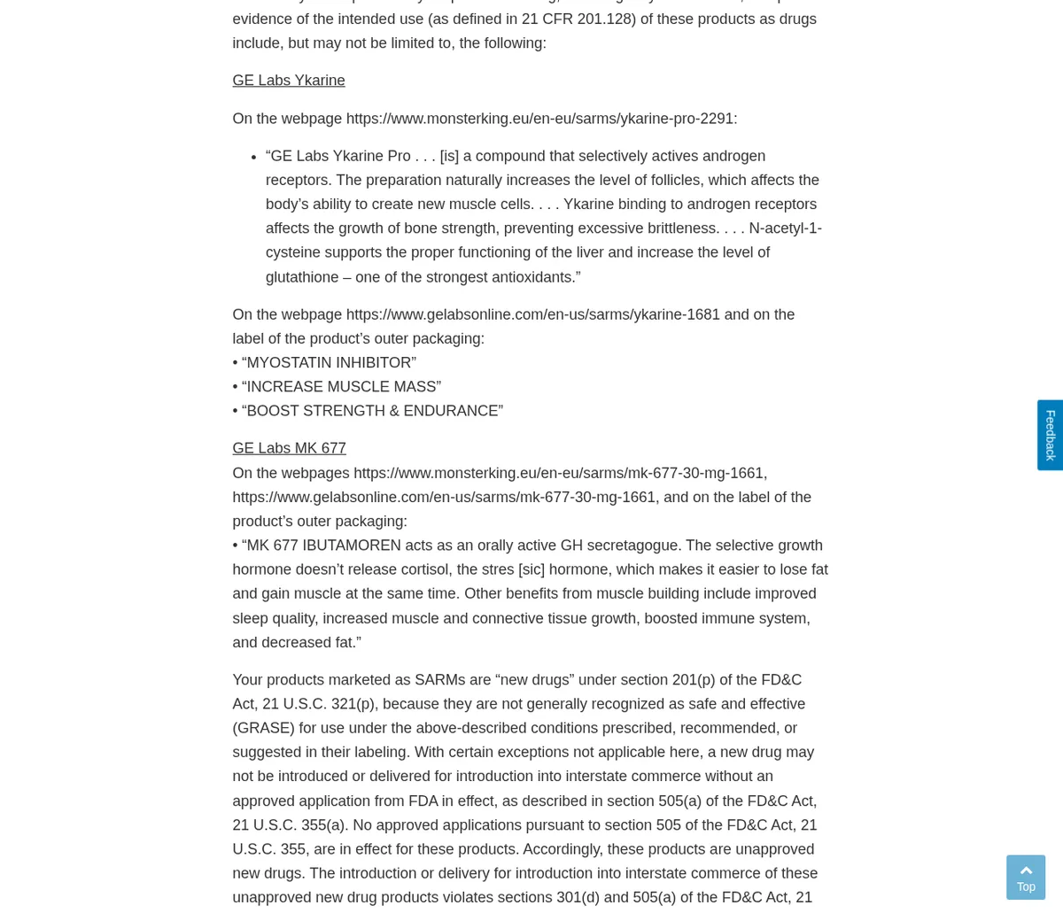 A section of the FDA warning letter quoting the companies' web pages and packaging: for GE Labs Ykarine, text saying the product selectively activates androgen receptors and the words MYOSTATIN INHIBITOR, INCREASE MUSCLE MASS and BOOST STRENGTH & ENDURANCE; for GE Labs MK 677, text calling ibutamoren an orally active GH secretagogue; then the finding that the products are new drugs.