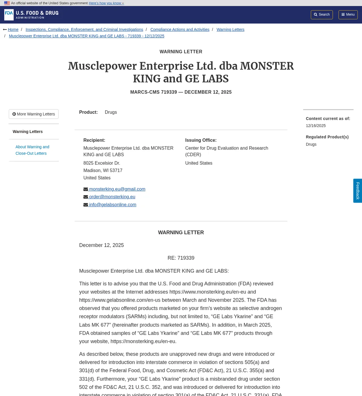The FDA's web page for warning letter MARCS-CMS 719339 of 12 December 2025, addressed to Musclepower Enterprise Ltd. dba MONSTER KING and GE LABS at 8025 Excelsior Dr., Madison, WI 53717, with three email addresses, two at monsterking.eu and Gmail and one at gelabsonline.com, issued by the Center for Drug Evaluation and Research; the first paragraph says the FDA reviewed the two websites between March and November 2025 and obtained samples of GE Labs Ykarine and GE Labs MK 677 in March 2025.
