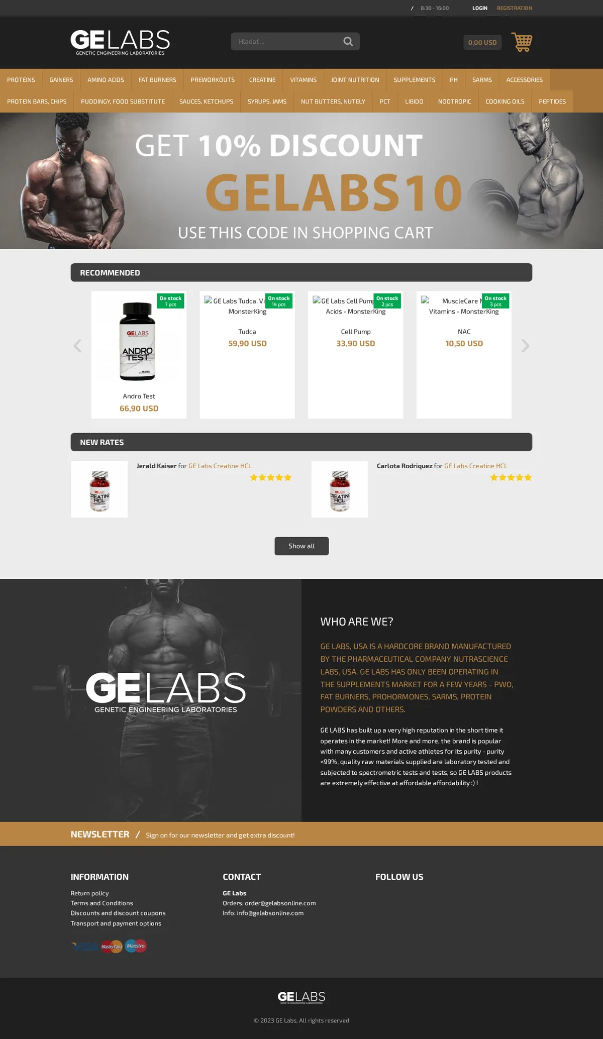 The GE Labs home page in October 2023: a GE LABS Genetic Engineering Laboratories logo, a menu with categories including PH, SARMs, PCT and Peptides, a GELABS10 discount banner, recommended products priced in US dollars, a Who are we? panel saying GE LABS, USA is a hardcore brand manufactured by NutraScience Labs, USA, and Visa, Mastercard and Maestro logos in the footer. The search box reads Hladat, Slovak for search.