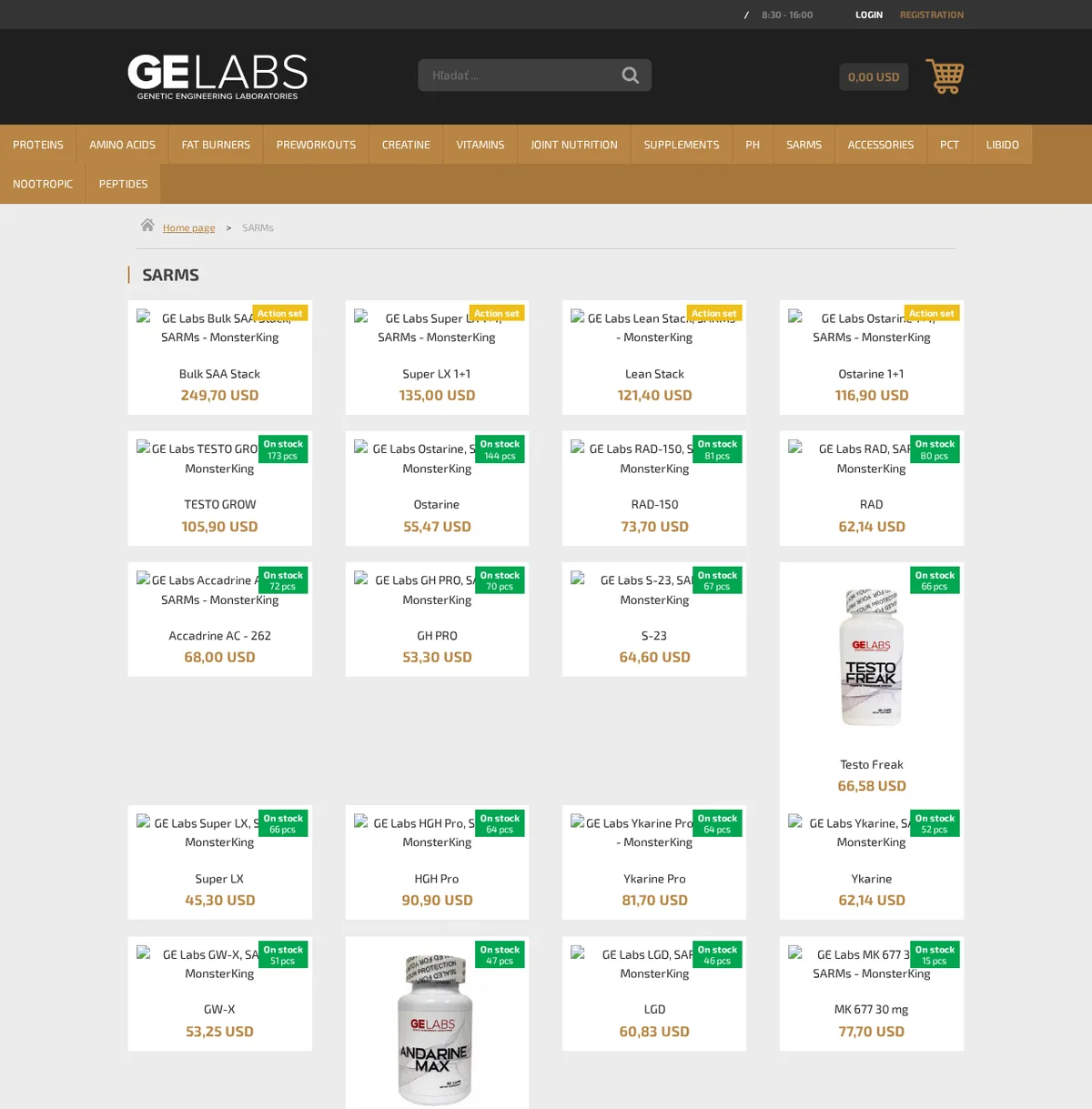 The SARMs category of the GE Labs store in April 2025: product tiles for Bulk SAA Stack, Super LX, Lean Stack, Ostarine, Testo Grow, RAD-150, RAD, Accadrine AC-262, GH Pro, S-23, Testo Freak, HGH Pro, Ykarine Pro, Ykarine, GW-X, Andarine Max, LGD and MK 677 30 mg, most marked on stock.