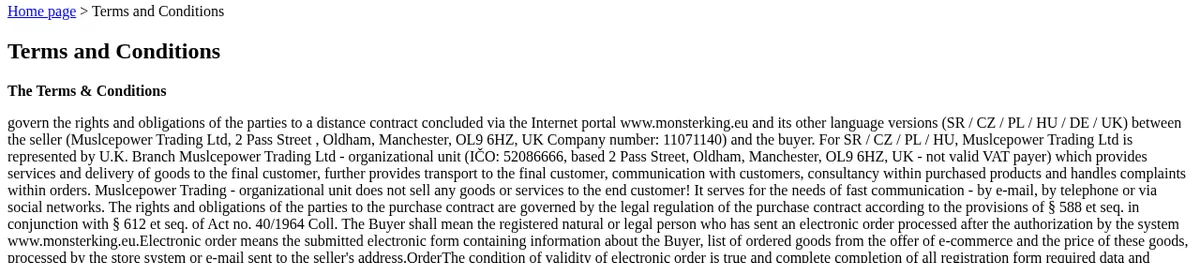 The MonsterKing Terms and Conditions page in June 2021: the terms govern contracts concluded through monsterking.eu and its Slovak, Czech, Polish, Hungarian, German and UK versions between the seller, Muslcepower Trading Ltd, 2 Pass Street, Oldham, Manchester, UK company number 11071140, and the buyer; for four of those countries the company is represented by its organizational unit with Slovak identification number 52086666.