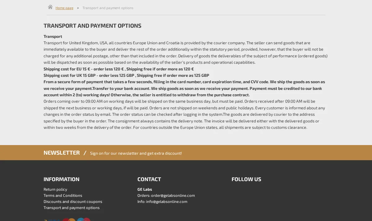 The GE Labs Transport and payment options page in April 2025: transport for the United Kingdom, USA, all EU countries and Croatia by courier; shipping costs in euros and pounds; payment by card number, expiry date and CVV code or by bank transfer credited within two working days; same-day dispatch for orders paid before 9 am; customs clearance for shipments outside the EU. The footer gives the order and info addresses at gelabsonline.com.