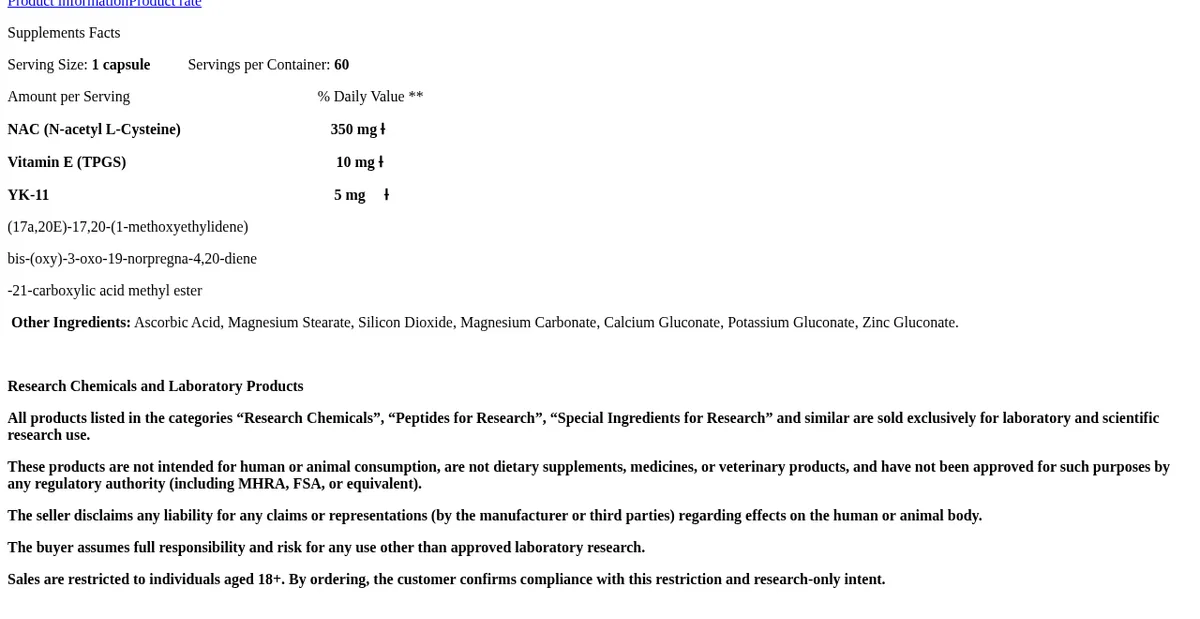 The lower half of the GE Labs Ykarine page on MonsterKing in May 2026, without its stylesheet: a Supplements Facts panel listing NAC, vitamin E and YK-11 with its chemical name, other ingredients, and below it a notice headed Research Chemicals and Laboratory Products saying the products are sold exclusively for laboratory and scientific research use, are not intended for human or animal consumption and are not dietary supplements, and that sales are restricted to individuals aged 18 and over.