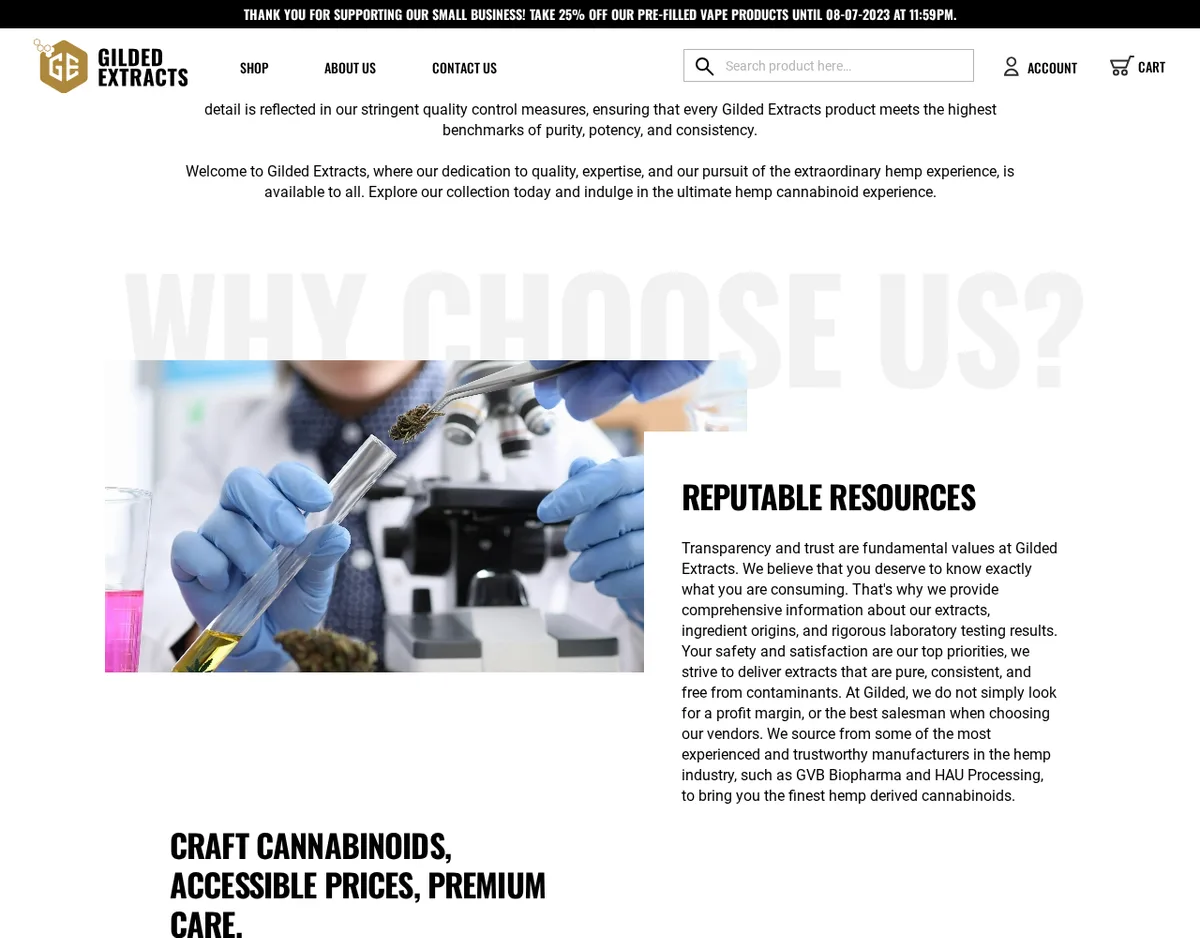 The Gilded Extracts About page in August 2023, a section headed Reputable Resources saying the shop sources from manufacturers such as GVB Biopharma and HAU Processing.
