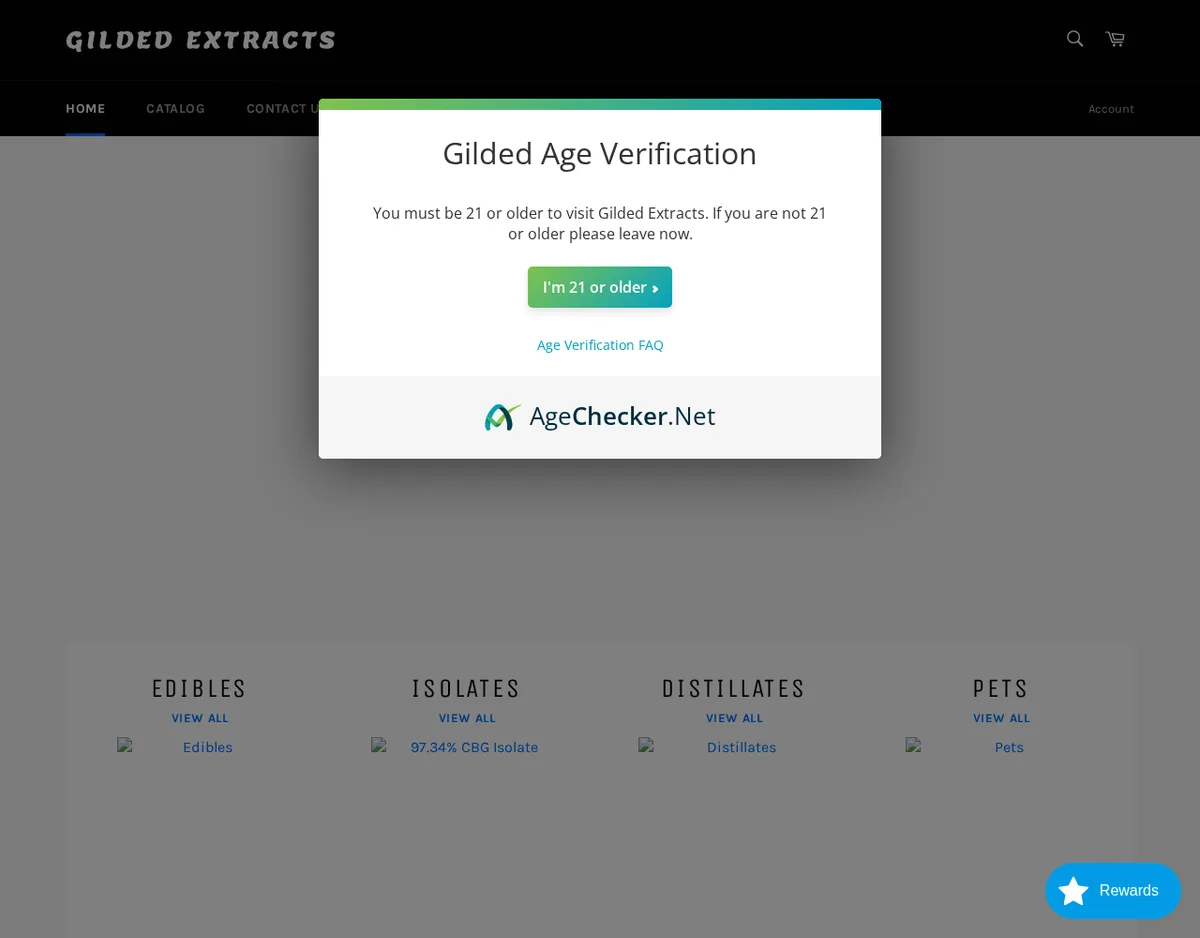 A pop-up from AgeChecker.Net over the January 2022 Gilded Extracts store reading You must be 21 or older to visit Gilded Extracts, with a button reading I'm 21 or older.