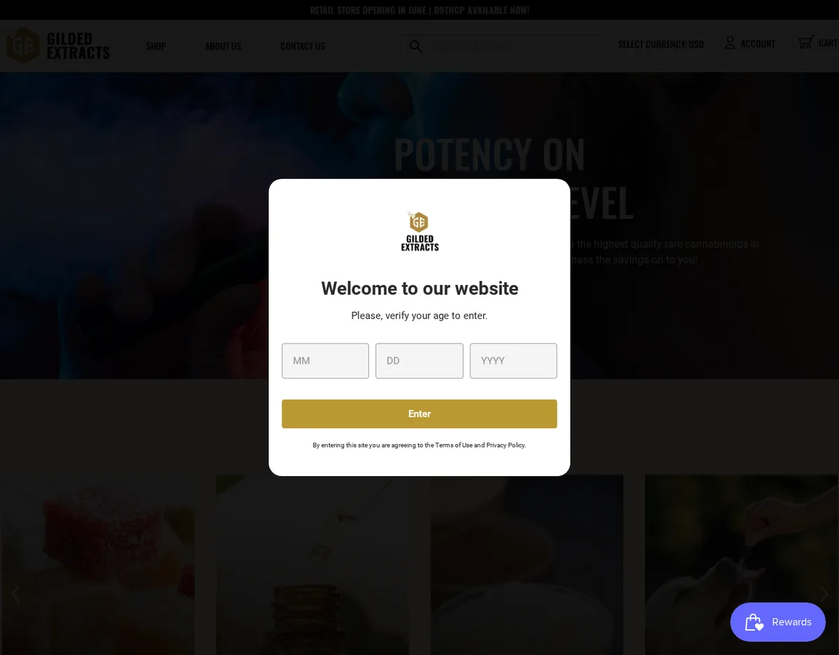The May 2024 Gilded Extracts home page behind a pop-up asking for a month, day and year of birth, under a banner reading Retail store opening in June, D9THCP available now.