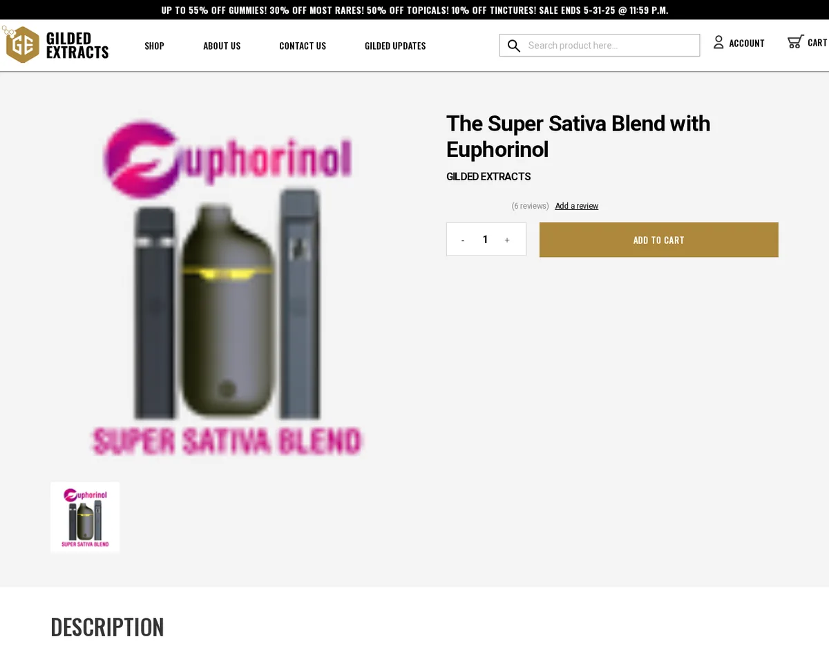 A Gilded Extracts product page for The Super Sativa Blend with Euphorinol: a pink Euphorinol logo over three disposable vapes and the words Super Sativa Blend.