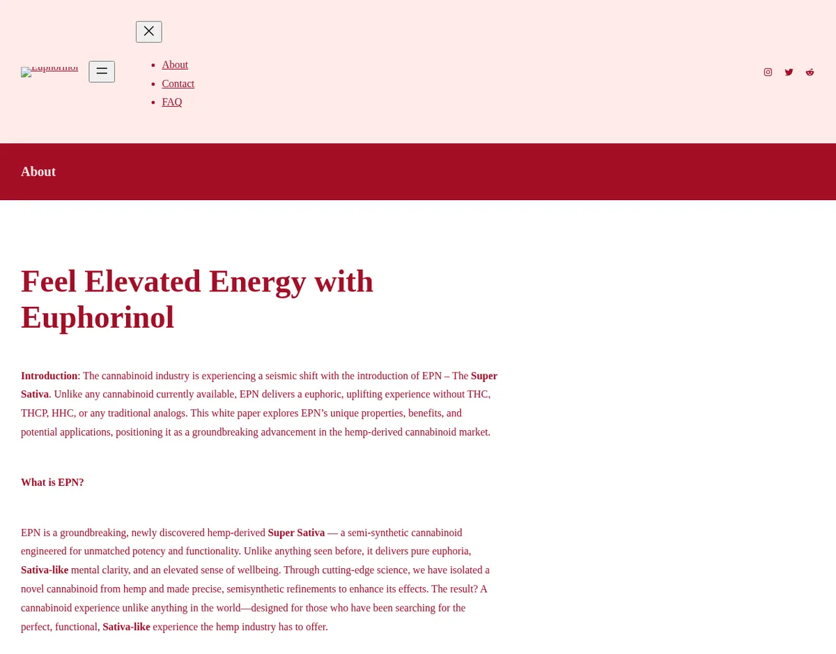 The euphorinol.com About page headed Feel Elevated Energy with Euphorinol, describing EPN as a newly discovered hemp-derived Super Sativa, a semi-synthetic cannabinoid.