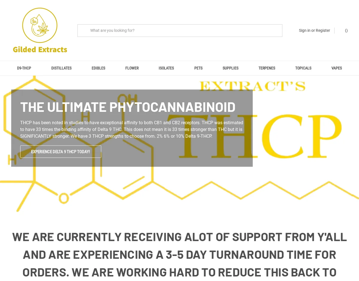 The Gilded Extracts home page in April 2022: a gold drop logo, a menu starting with D9-THCP, a banner headed The Ultimate Phytocannabinoid about THCP, and below it large text saying the shop is receiving a lot of support and has a 3 to 5 day turnaround.
