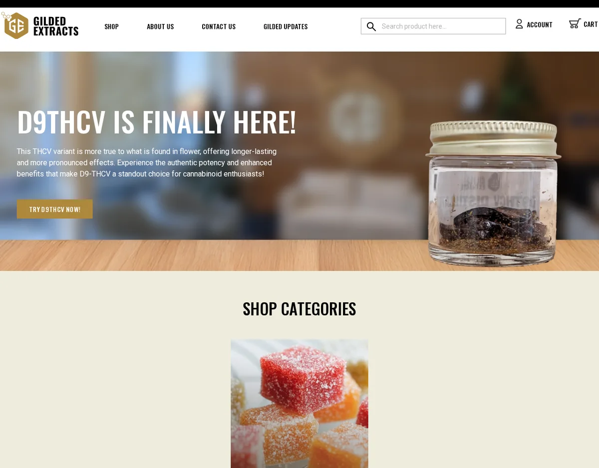 The Gilded Extracts home page on 10 October 2025, with a banner reading D9THCV is finally here and a jar of dark distillate.