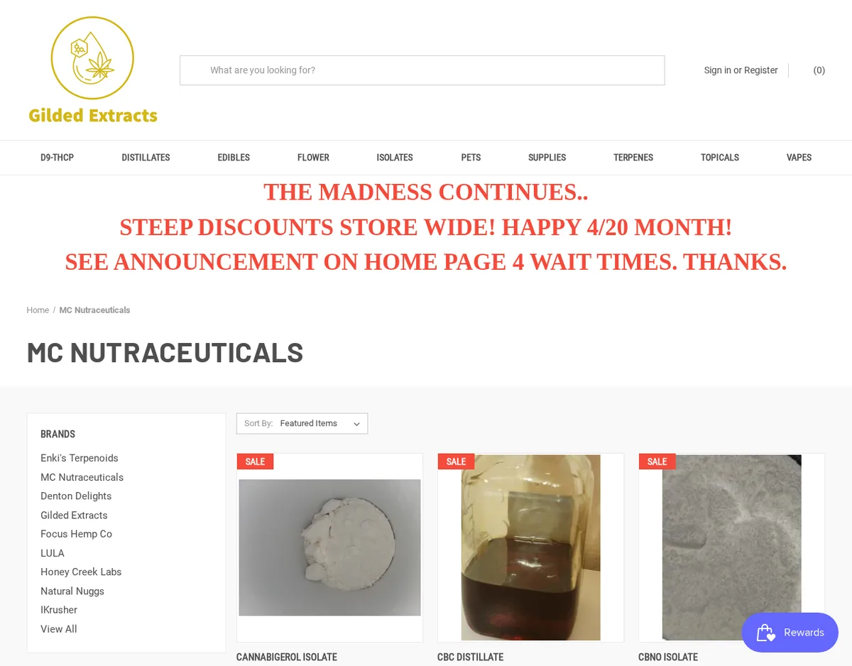 A Gilded Extracts brand page headed MC Nutraceuticals, listing cannabigerol isolate, CBC distillate and CBNO isolate, with a brands sidebar naming Enki's Terpenoids, MC Nutraceuticals, Denton Delights, Gilded Extracts, Focus Hemp Co and others.