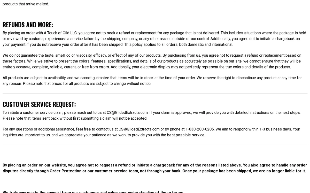 The Gilded Extracts policies page in October 2025, a section headed Refunds and More beginning By placing an order with A Touch of Gild LLC, you agree not to seek a refund or replacement for any package that is not delivered, and a bold line saying buyers agree to handle disputes through Order Protection or customer service, not through their bank.