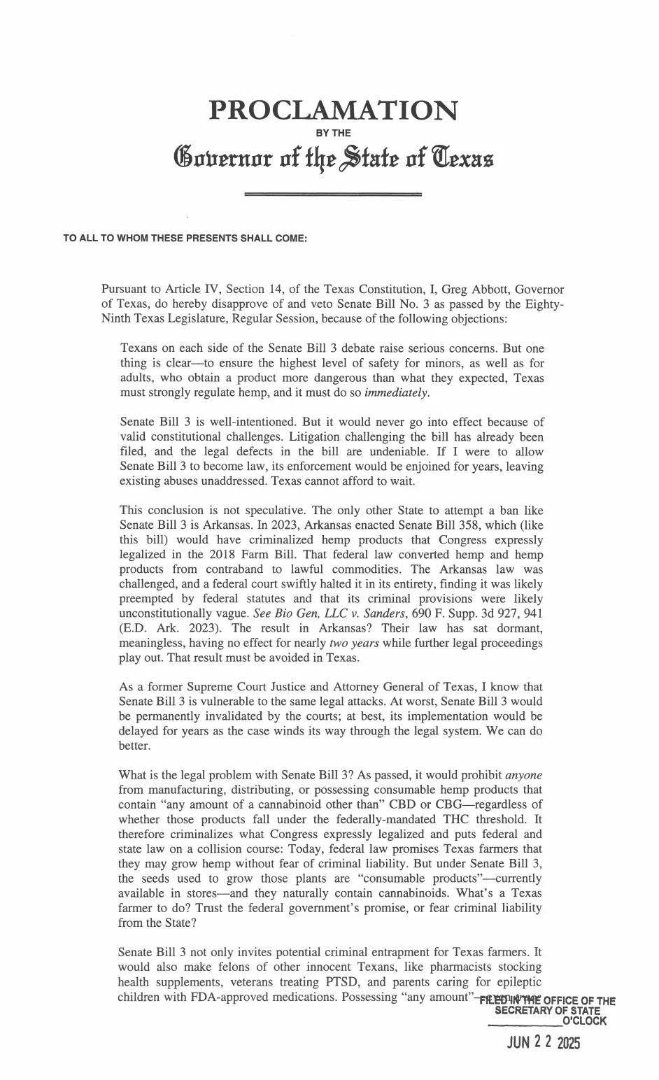 The first page of the Texas governor's proclamation vetoing Senate Bill 3, filed with the Secretary of State on 22 June 2025.