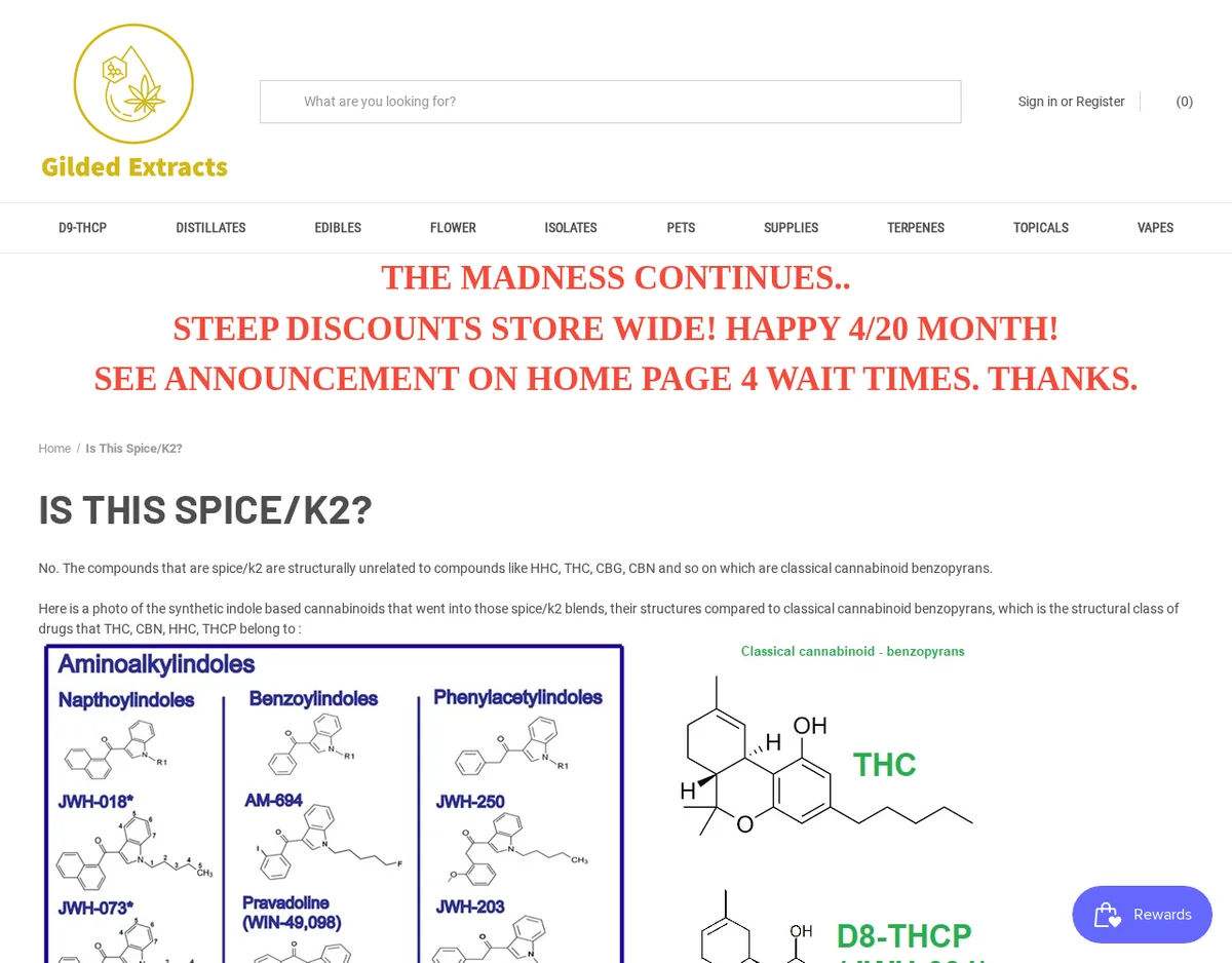 A Gilded Extracts page headed Is This Spice/K2? answering No, with a chart of indole synthetic cannabinoids such as JWH-018 beside the structure of THC.