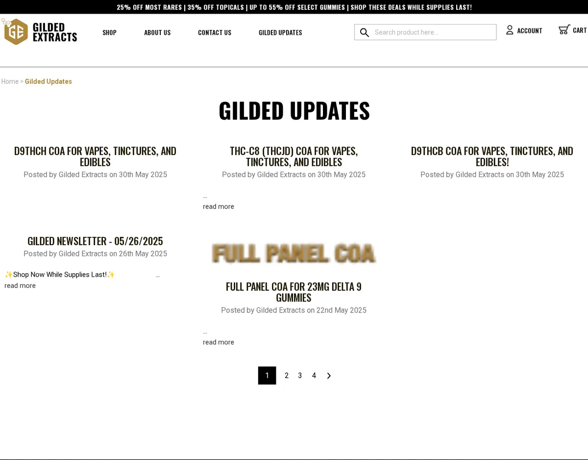 The Gilded Updates page in June 2025 listing posts dated May 2025: D9THCH COA, THC-C8 (THCJD) COA, D9THCB COA, a newsletter, and a full panel COA for 23mg delta 9 gummies.