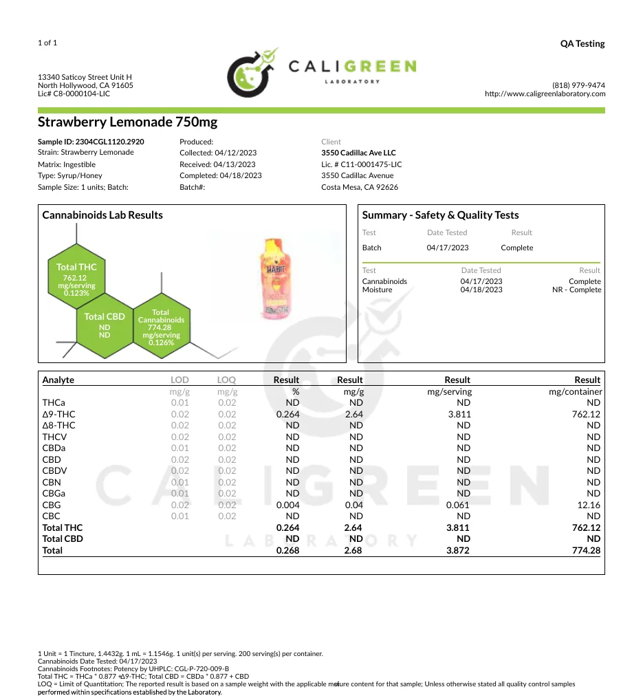 A CaliGreen Laboratory certificate for Strawberry Lemonade 750mg syrup, April 2023, client 3550 Cadillac Ave LLC, licence C11-0001475-LIC, 3550 Cadillac Avenue, Costa Mesa: total THC 762.12 mg per container.