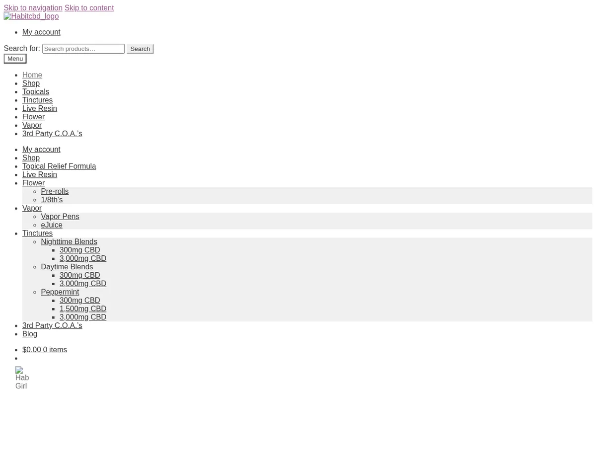 The habitcbd.com home page in December 2019, archived without its stylesheet: a menu of Topicals, Tinctures, Live Resin, Flower, Vapor and 3rd Party C.O.A.s, with tinctures in 300mg, 1,500mg and 3,000mg CBD.