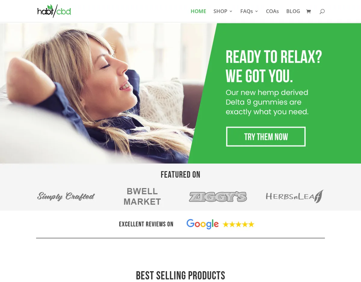 The habit/cbd home page in August 2023: a banner reading Ready to relax? We got you. Our new hemp derived Delta 9 gummies are exactly what you need, and a Featured On row of Simply Crafted, BWell Market, Ziggy's and HerbsnLeaf.