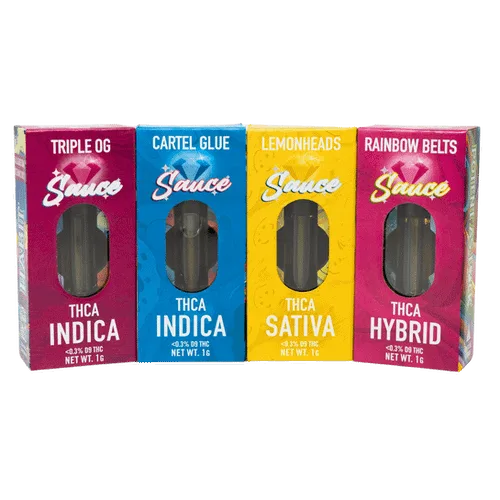 Four Habit Sauce cartridge boxes: Triple OG, Cartel Glue, Lemonheads and Rainbow Belts, each marked THCA with under 0.3% delta-9 THC, net weight 1 gram.
