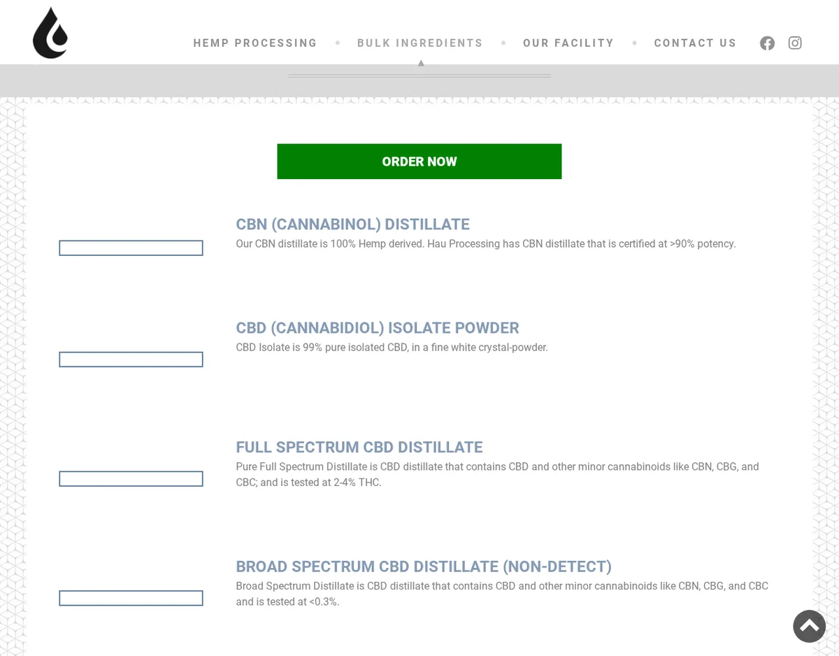 The Hau Processing bulk ingredients page in August 2020 with a green Order Now button and four products: CBN distillate certified at over 90 percent potency, CBD isolate powder at 99 percent, full spectrum CBD distillate tested at 2 to 4 percent THC, and broad spectrum CBD distillate tested at under 0.3 percent.