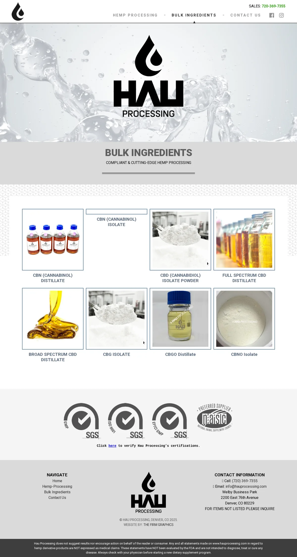 The Hau Processing bulk ingredients page in July 2025: eight product tiles for CBN distillate, CBN isolate, CBD isolate, full and broad spectrum CBD distillate, CBG isolate, CBGO distillate and CBNO isolate, then four certification badges, three from SGS for GMP, ISO 9001 and EFfCI GMP and one reading Preferred Supplier, National Animal Supplement Council.