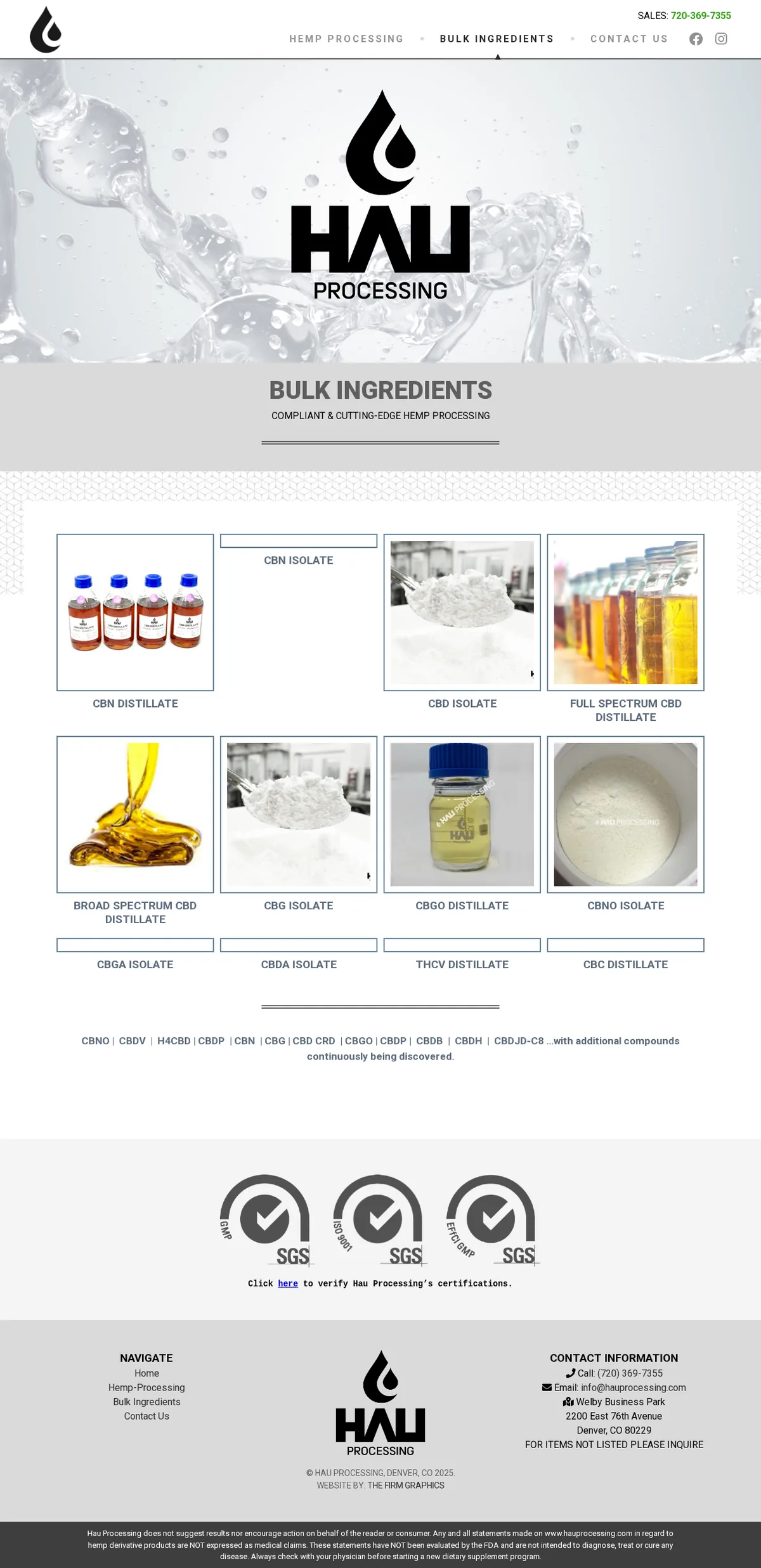 The Hau Processing bulk ingredients page in November 2025: twelve product tiles adding CBGA isolate, CBDA isolate, THCV distillate and CBC distillate, and a line of further names reading CBNO, CBDV, H4CBD, CBDP, CBN, CBG, CBD CRD, CBGO, CBDP, CBDB, CBDH and CBDJD-C8 with additional compounds continuously being discovered, then three SGS badges.