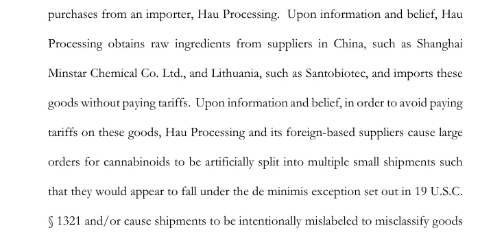 A passage from page 39 of Asterra Labs' amended counterclaim: purchases from an importer, Hau Processing; upon information and belief Hau Processing obtains raw ingredients from suppliers in China such as Shanghai Minstar Chemical and Lithuania such as Santobiotec and imports them without paying tariffs, and with its suppliers splits large orders into small shipments to fall under the de minimis exception in 19 U.S.C. 1321 or mislabels them.