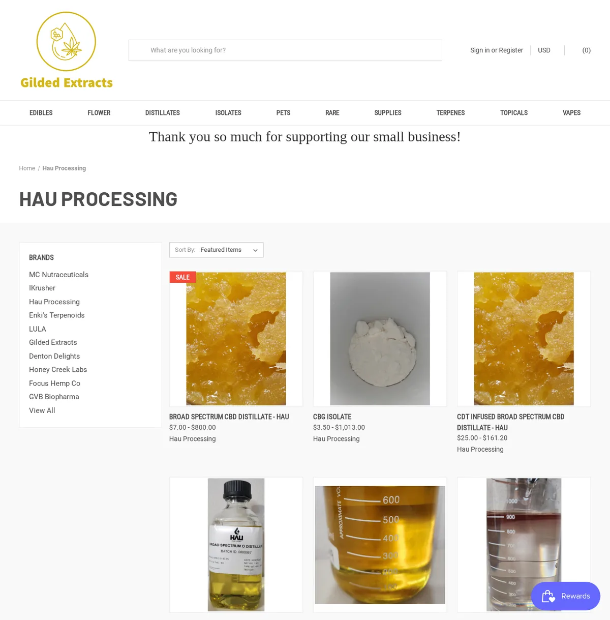The Gilded Extracts brand page for Hau Processing in November 2022, with a brands sidebar naming MC Nutraceuticals, Hau Processing, GVB Biopharma and others, and product tiles for broad spectrum CBD distillate, CBG isolate and terpene-infused CBD distillate labelled HAU, and below them a bottle with a HAU label reading Broad Spectrum O Distillate.