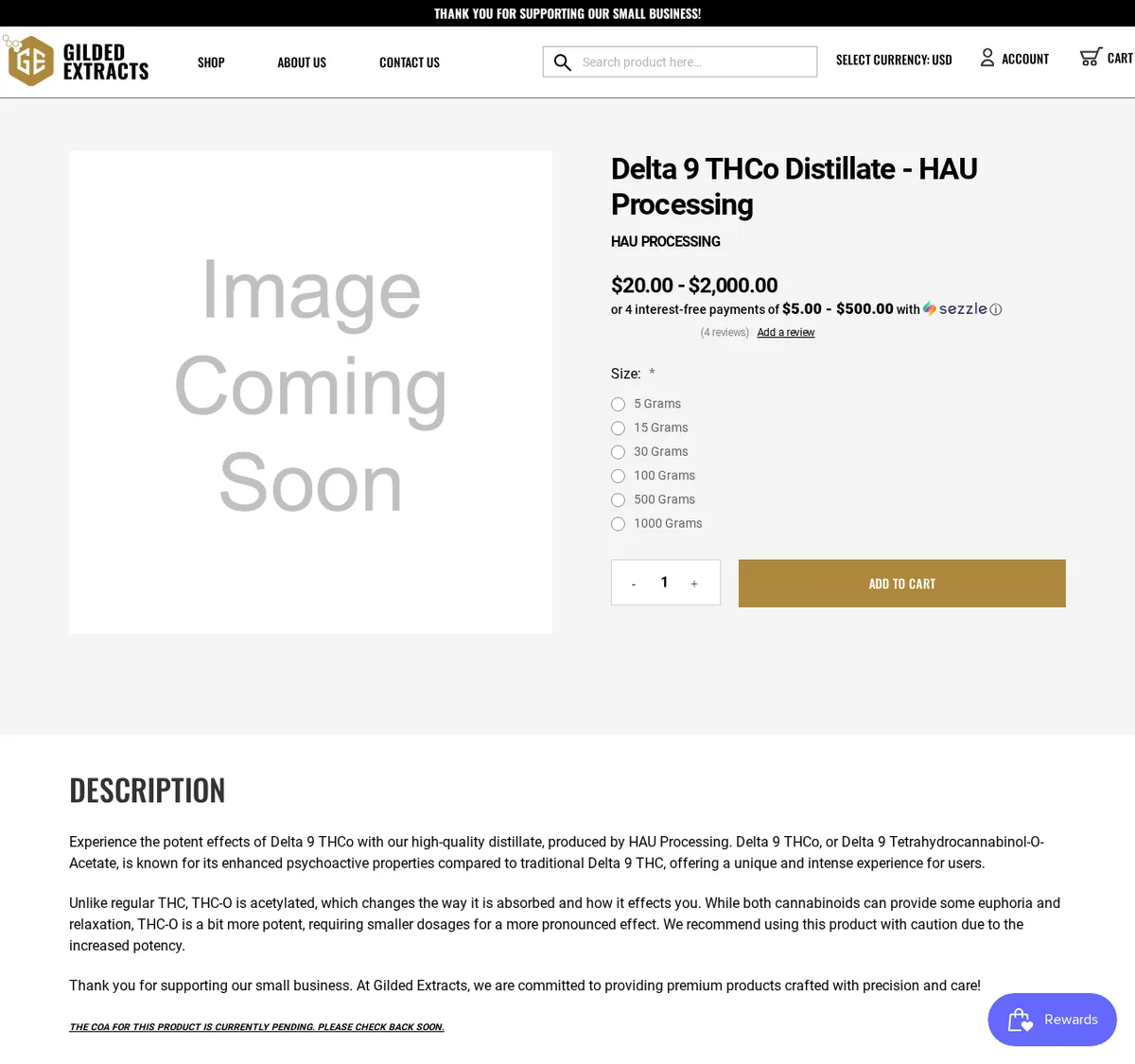 A Gilded Extracts product page in September 2024 for Delta 9 THCo Distillate, HAU Processing, sold in sizes from 5 grams to 1000 grams, with a description saying the distillate is produced by HAU Processing and a line reading The COA for this product is currently pending.