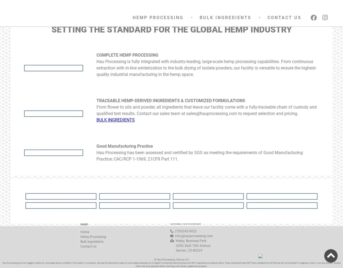 The Hau Processing home page in February 2021 headed Setting the Standard for the Global Hemp Industry, with sections on complete hemp processing, traceable hemp-derived ingredients with a sales email address, and Good Manufacturing Practice saying the company has been assessed and certified by SGS.
