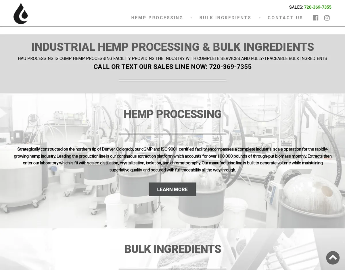 The Hau Processing home page in June 2026: a sales phone number, the headline Industrial Hemp Processing and Bulk Ingredients, and over a photo of a lab of rotary evaporators a paragraph saying the cGMP and ISO 9001 certified facility on the northern tip of Denver runs a continuous extraction platform handling over 100,000 pounds of biomass a month.