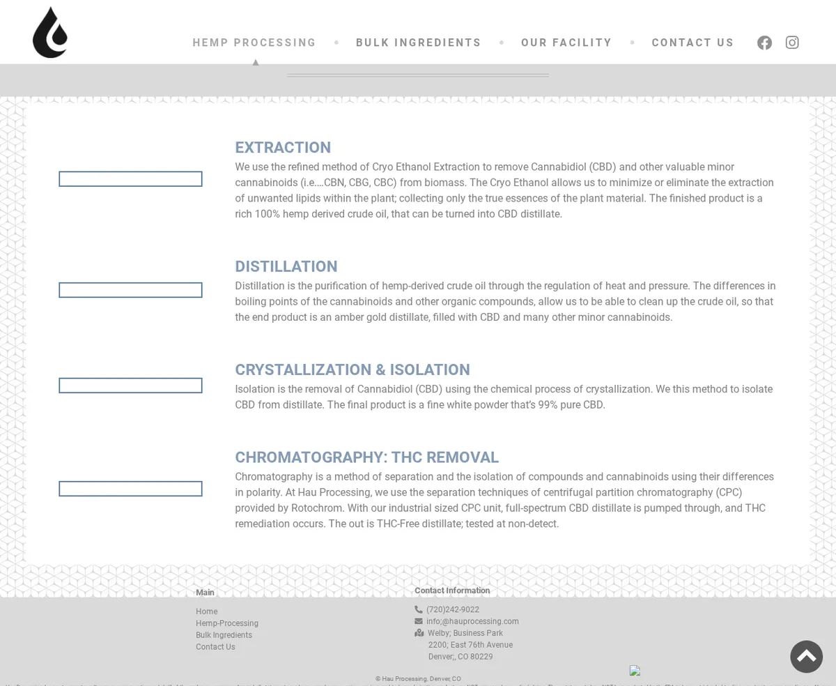 The Hau Processing processing page in August 2020 with four sections: Extraction by cryo ethanol, Distillation, Crystallization and Isolation to 99 percent CBD, and Chromatography: THC Removal using centrifugal partition chromatography from Rotochrom, with the Welby Business Park address on East 76th Avenue in the footer.